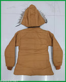 Tan winter parka with faux fur hood