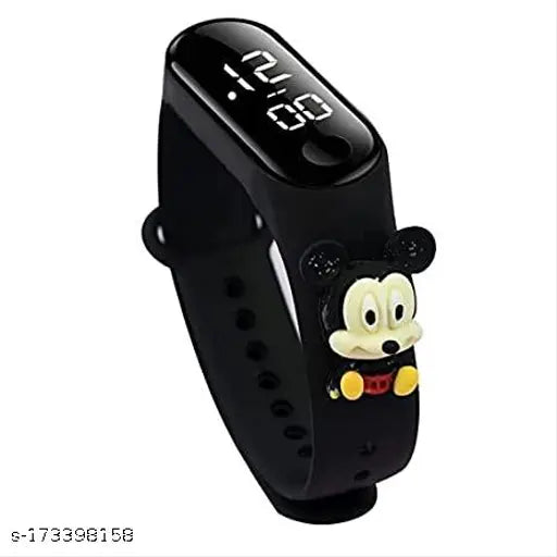 Black smart watch with digital dial, colorful design, cartoon character theme, suitable for kids, LED band, designed as a superhero watch