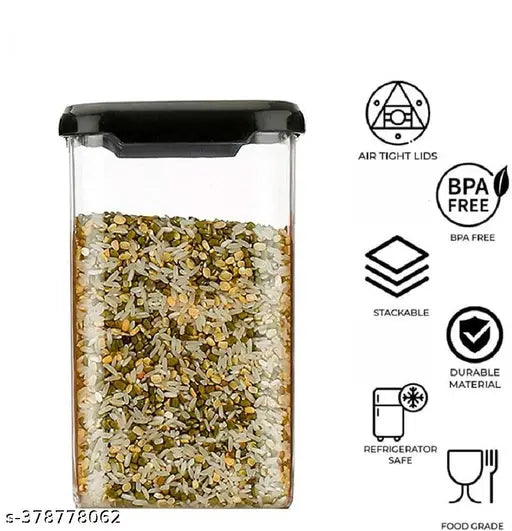 The image shows a set of air-tight, clear plastic storage containers with a capacity of approximately 1100 ml each. They are labeled as BPA free and feature a square design. This set is suitable for organizing groceries in the pantry and comes with a variety of sizes that offer flexibility for different items. The containers appear sturdy and practical, making them ideal for kitchen organization