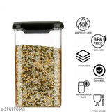 The image shows a set of air-tight, clear plastic storage containers with a capacity of approximately 1100 ml each. They are labeled as BPA free and feature a square design. This set is suitable for organizing groceries in the pantry and comes with a variety of sizes that offer flexibility for different items. The containers appear sturdy and practical, making them ideal for kitchen organization