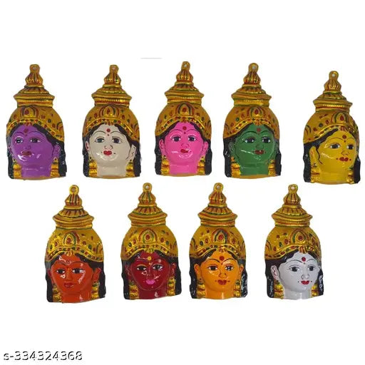 Aluminum Nava Durga Faces Set (9 pcs) - Detailed god idols made from high-grade aluminium, perfect for worship spaces