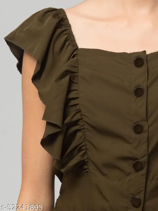 Crepe, short-sleeve frill jumpsuit for casual parties, button-front design | Women's Pretty Partywear