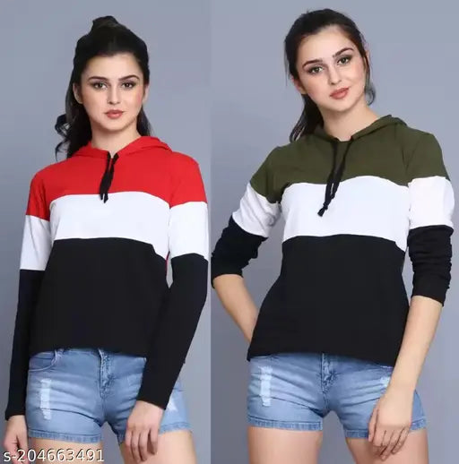 Women's cotton blend hoodie & colorblocked t-shirt set of 2 (M: 36", L: 38", XL: 40") - stylish multicolor apparel from India