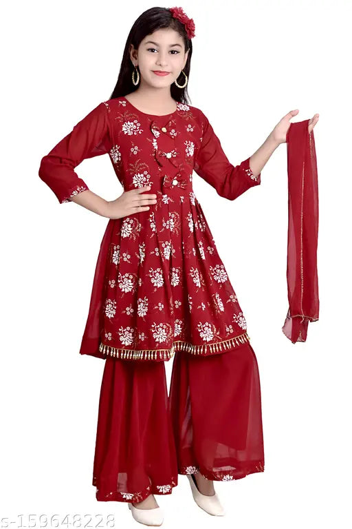 Maroon ethnic floral printed Anarkali Sharara Dupatta set for kids, best selling Indian girls wear