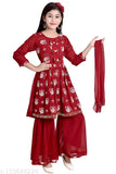 Maroon ethnic floral printed Anarkali Sharara Dupatta set for kids, best selling Indian girls wear