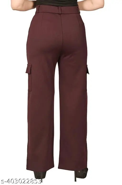 Maroon cargo trousers with front pockets and side zippers