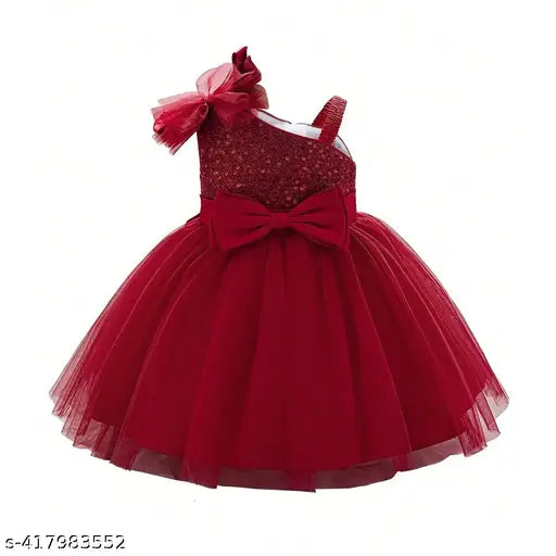 Red embellished net baby frock, 6-12 months (19 in) to 2-3 years (22 in), made from high-quality cotton with inner set, India origin