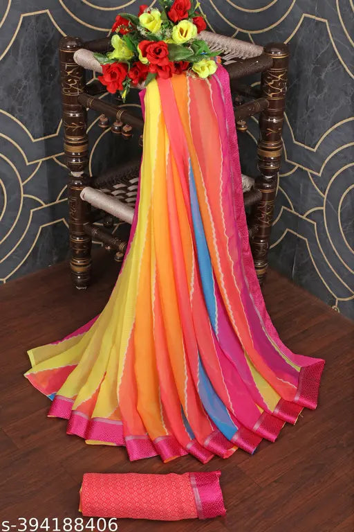 Multicolor chiffon saree with lace border, striped running blouse for woman, Indian-made