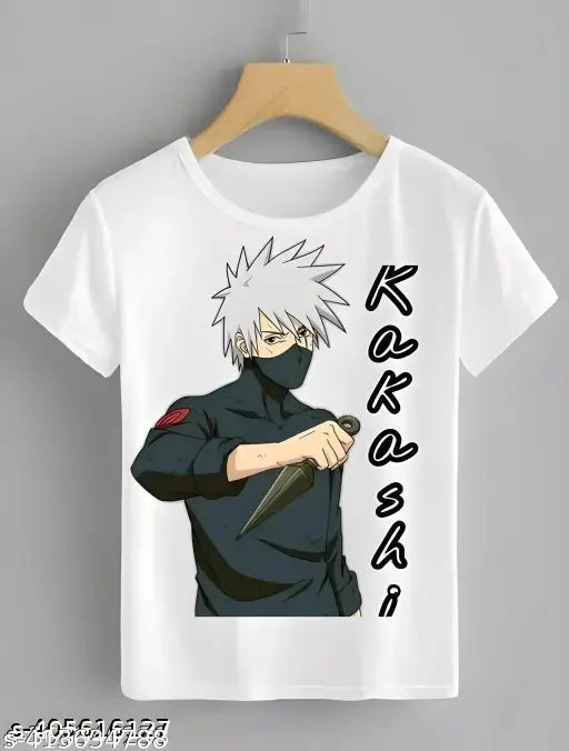 White polyester anime lover round neck t-shirt, features Satoru Gojo, Naruto, Sakuna print, XS to XL sizes available
