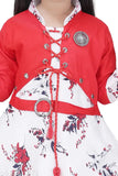 Red cotton rayon frock & leggings set for girls with printed pattern and 3/4 sleeves
