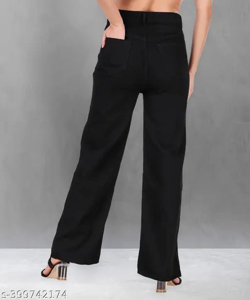 Black high-waisted stretchable premium denim flared jeans for women