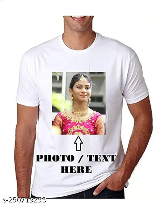 Personalized men's cotton blend t-shirt with photo print, perfect for special occasions like birthdays, anniversaries, or gifts. Customizable with names, photos, inspirational quotes, and more. Premium quality, double-side printing available. Made in India