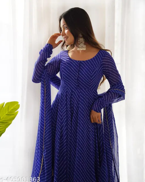 Georgette Laheriya print Anarkali dress set, fully flared, dyed/washed net, ready-to-wear, three-quarter sleeves, India origin