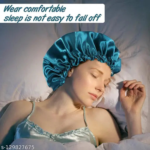 Blue satin hair bonnet for sleep and shower, reversible, adjustable headband with 3 scrunchie grips