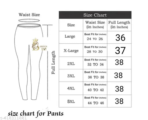 Premium cotton pant, size chart for jeans with 34 waist and full length from size 6 to 40