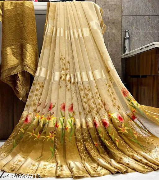 Yellow and gold sari with paisley design, heavy border