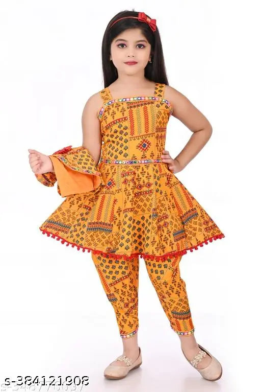 Elegance Redefined cotton blend dhoti kurta set with koti for girls, tradition meets style in printed net three-quarter sleeves (12-10 years)