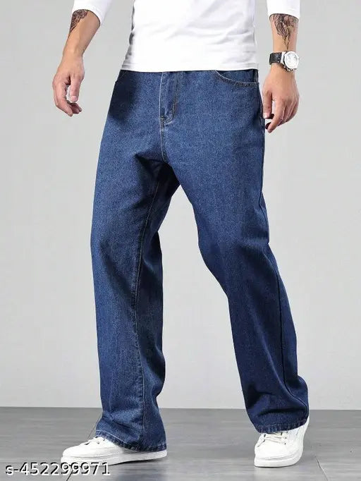 Denim Baggy jeans for men, solid color, loose fit, oversized, relaxed, wide-leg style. Urban, casual, and vintage-inspired denim pants. Size options: 28 (waist 28, length 42, hip 38), 30 (waist 30, length 42, hip 40), 32 (waist 32, length 42, hip 42), 34 (waist 34, length 42, hip 44). Origin: India