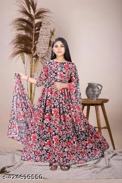 White organic Georgette Anarkali Kurta with kali prints, three-quarter sleeves, suitable for festivals & parties (size 9-16)