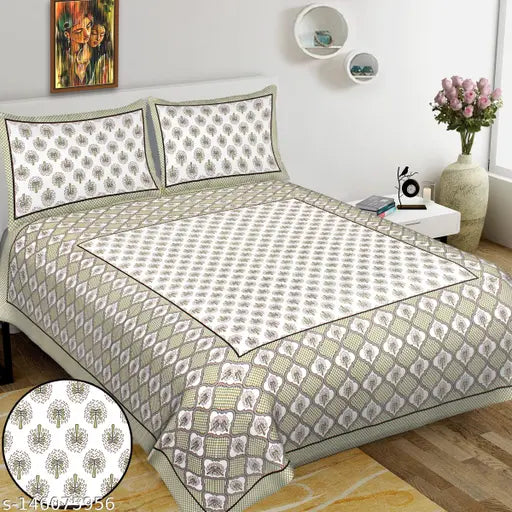 100x108 Double Bed Sheet with 2 Zipper Pillow Covers, Beige Floral Print Bedding