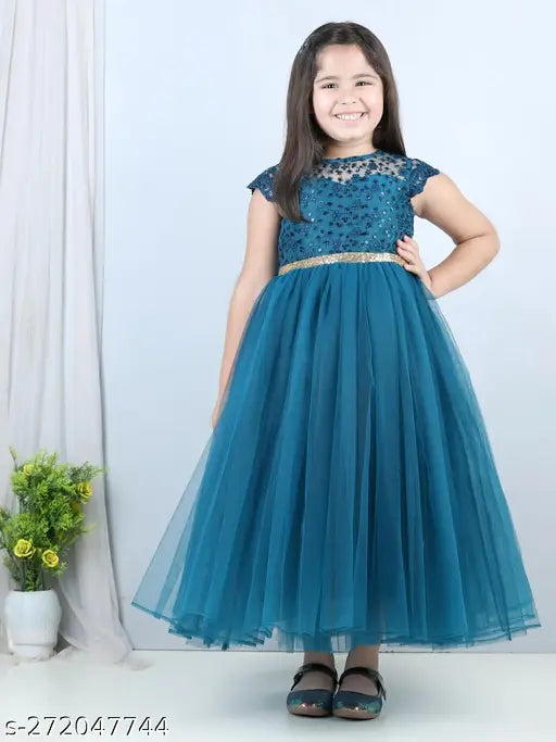 Teal blue embroidered net kid's party dress, short sleeves, 1-2 years size