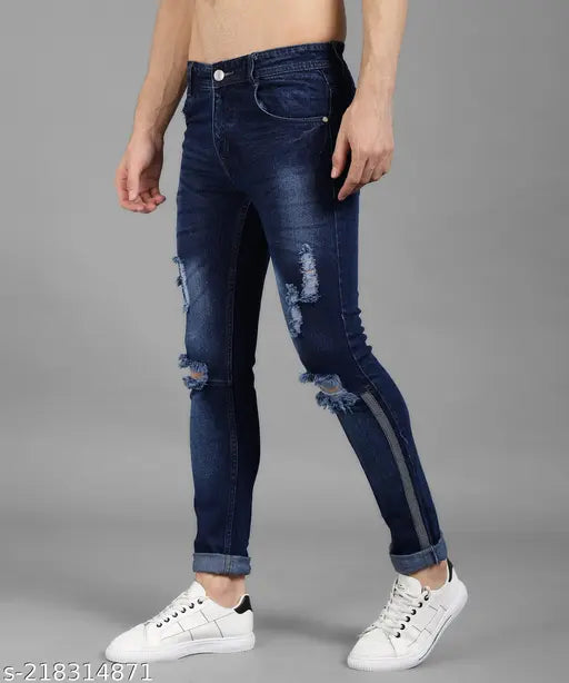Slim-fit blue denim men's jeans, solid pattern, available in sizes 28, 30, 34 (waist 28in, 30in, 34in; length 40in), Indian origin