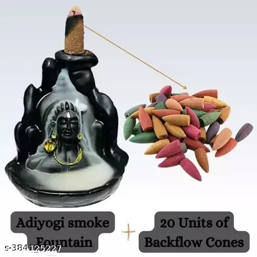Black polyresin incense holder & cones (Lord Shiva Adiyogi smoke fountain), trending religious art for table decor from India