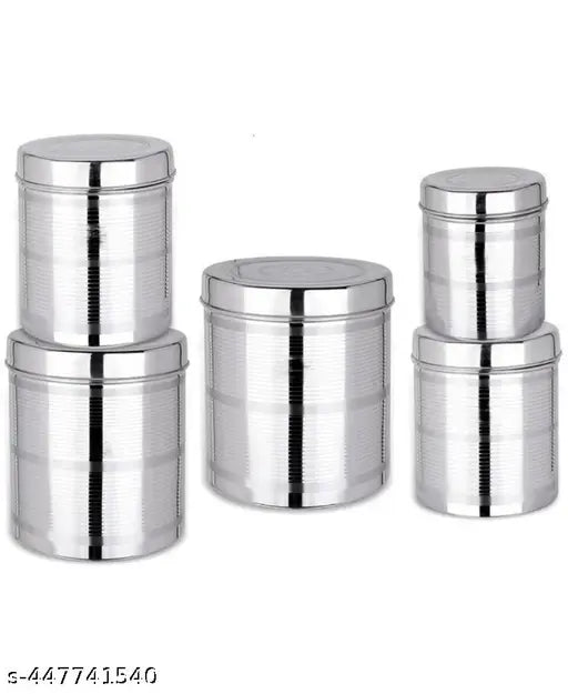 Stainless steel storage jars set of five, silver and clear, kitchen storage containers