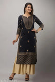 Women's gold panel printed rayon straight kurta & Sharara set (2 pieces), rayon fabric, 3/4 sleeves, India origin