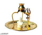 Pure white marble Shivling with brass Thali set Kalash stand & Trishul - traditional Indian puja ghar decor item for worshiping Lord Shiva