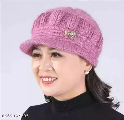 Pink knitted beanie hat, crochet design, visor, free size, winter wear