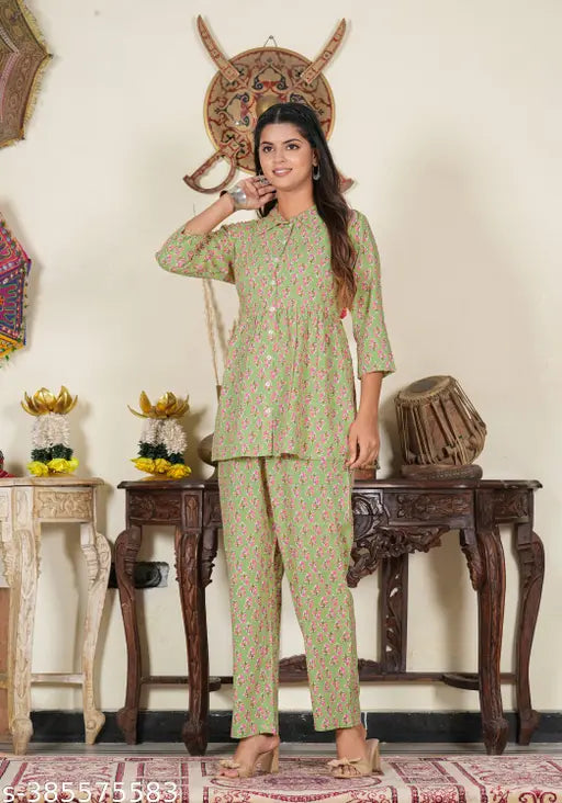 Green rayon floral shirt nightsuits pack of 2 - Soft and stylish women's nightwear with printed designs, comfortable for regular wear by Yash Gallery. Made in India
