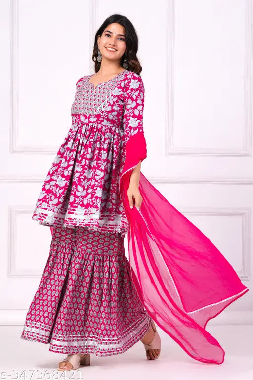 Rayon embroidered Rani kurta set with dupatta and bottomwear in three-quarter sleeves, single piece available in sizes XS to XXL, Indian traditional clothing on display