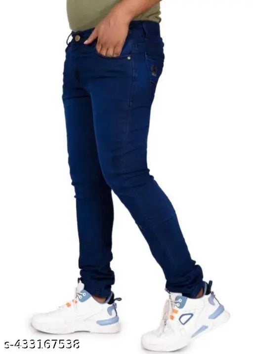 Designer LATEST blue denim jeans for men - dyed/washed poly knit, solid fit, trustworthy AGATE brand, sizing: 28, 30, 32 (waist 28-34in, length 40in) - India origin