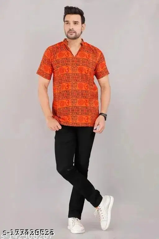 Rayon short-sleeved men's western wear kurta with OM print, India origin