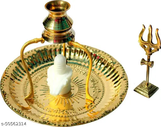 Marble Shivling Shiva Ling, brass plate & stand, gold-toned god idol (10 cm x 10 cm x 10 cm), symbolizing Lord Shiva's presence for domestic wellbeing and auspicious blessings