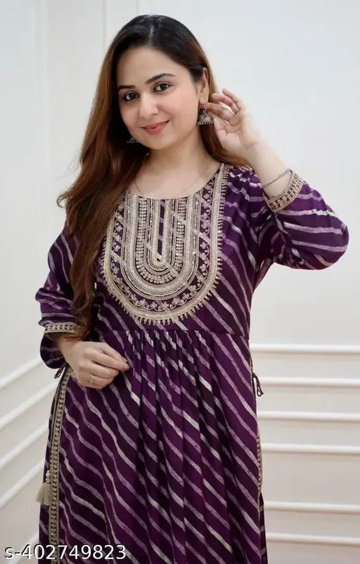 Rayon Leheriya Naira Cut Embroidery Kurta with three-quarter sleeves, zari woven and single size options available