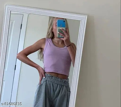 American crepe lycra sleeveless scoop neck crop top, solid color, 16 inches long, suitable for summer, India origin