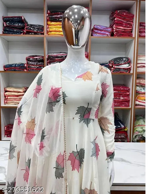 White Georgette printed dress with dupatta, full inner lining, for women (Size S-6XL)