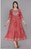 Kushi Design Red Rayon Anarkali Kurta with Embroidery, Long Sleeve, Women's Fashion