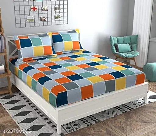 Glace cotton double bedsheet (210 TC) with free pillow covers in vibrant checked design, ideal for summer, made by MoliCreations
