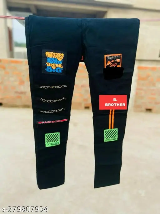 Premium black denim men's jeans, high-quality placement print, size 26/28/30 on display