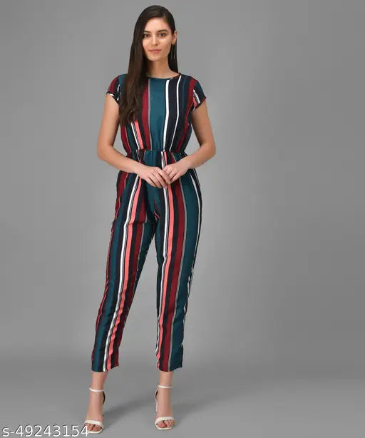 Green striped crepe casual jumpsuit by Vivient for women, short sleeves with printed net pattern on display. XL size, origin India