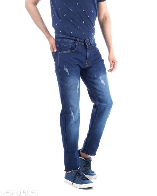 Elegant polycotton men's jeans, bold tapered design offering style and comfort. Solid blue color, size 30 (30in/40in), made in India