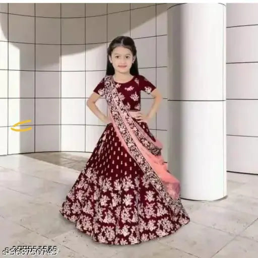 Maroon MAYRA Doll with embroidered satin lehenga and net dupatta, semi-stitched top for free size, Indian origin
