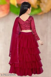 Red satin & net semi-stitched lehenga choli and dupatta set with long sleeves, embellished embroidery. KRIMAA Kids Indian fusion wear." (125 characters)