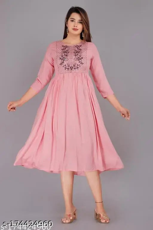 Embroidered rayon three-quarter sleeve pink kurti from India, GS PINK MATKA for sizes S to 5XL