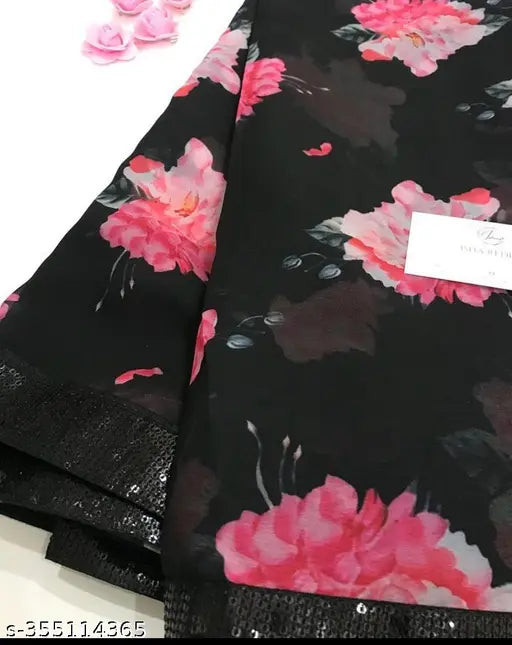 Black floral fabric, 3m length for saree