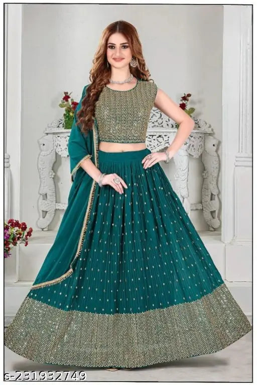 Dark green women's silk semi-stitched lehenga choli with dupatta, embellished and lace patterned, ideal for casual or festive wear. Indian traditional dress with long sleeves and printed dupatta