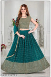 Dark green women's silk semi-stitched lehenga choli with dupatta, embellished and lace patterned, ideal for casual or festive wear. Indian traditional dress with long sleeves and printed dupatta